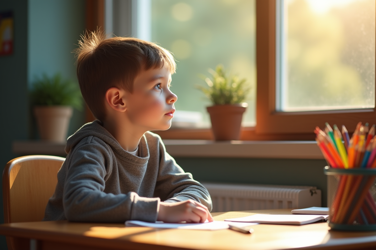 Jeune garçon pensif assis en classe regardant par la fenêtre