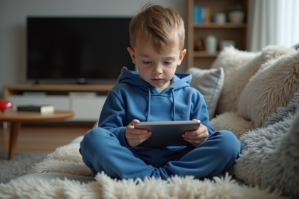Garçon de 9 ans en hoodie bleu concentré sur sa tablette