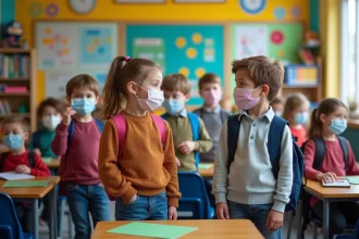 Écoliers sans masque dans une classe d'école primaire