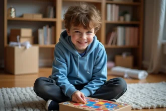 Garçon de 10 ans entouré de divers cadeaux colorés