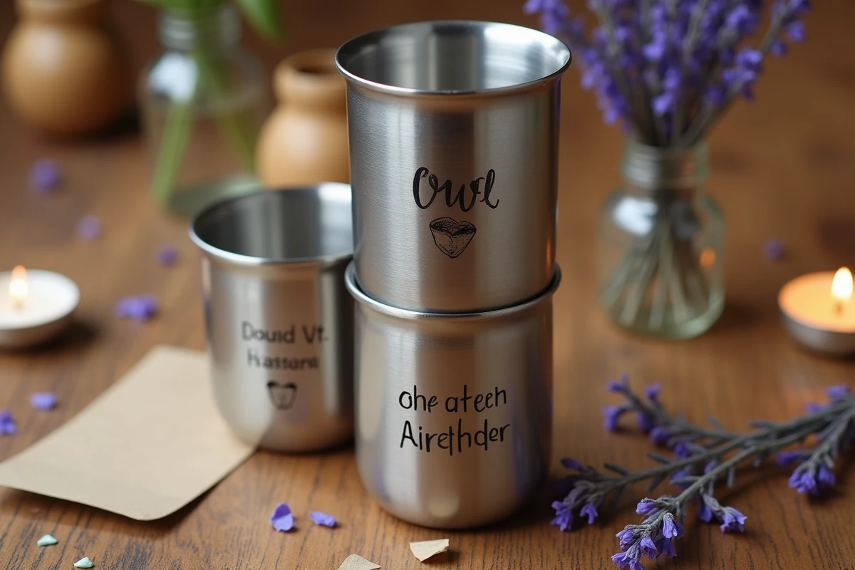 Gros plan de trois gobelets réutilisables en inox empilés et gravés de messages d'anniversaire sur table en bois avec lavande séchée et confettis papier ensemencé