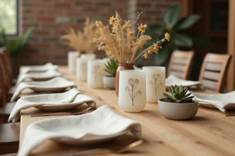 Table d'anniversaire zéro déchet avec gobelets personnalisés en verre givré gravés, entourés de fleurs séchées et nappes en lin sur bois rustique