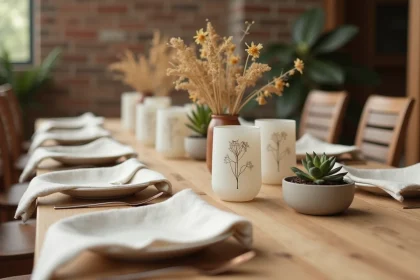 Table d'anniversaire zéro déchet avec gobelets personnalisés en verre givré gravés, entourés de fleurs séchées et nappes en lin sur bois rustique