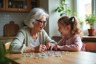 Une grand-mère âgée avec sa petite fille jouant à un puzzle dans la cuisine