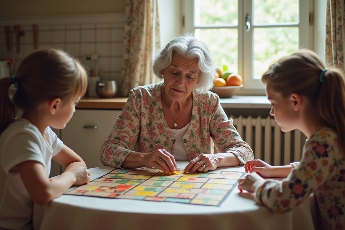 Grand-mère expliquant les règles simplifiées de la Bonne Paye à ses petits-enfants autour d'une table de cuisine