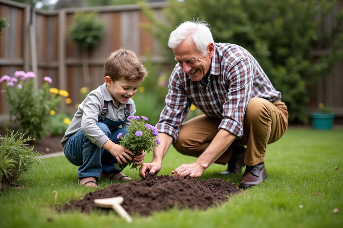 Un grand-père et son petit-fils plantant des fleurs dans le jardin
