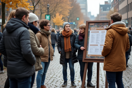 Groupe d'adultes autour d'un stand d'information en ville