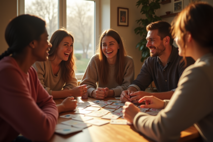 Groupe d'amis jouant à Skyjo autour d'une table chaleureuse