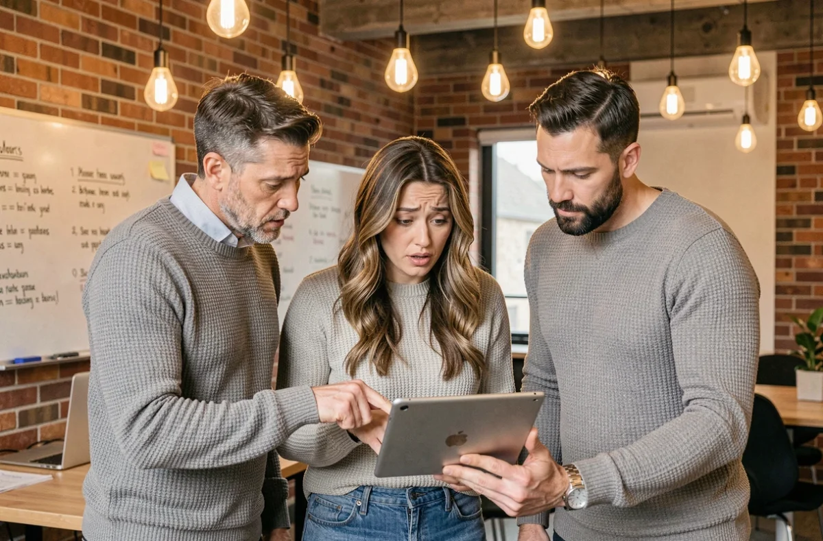 Groupe de personnes analysant ensemble des rumeurs et désinformation sur une tablette numérique