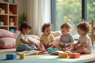 Groupe de bébés jouant dans une crèche colorée