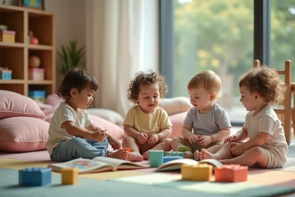 Groupe de b&eacute;b&eacute;s jouant dans une cr&egrave;che color&eacute;e