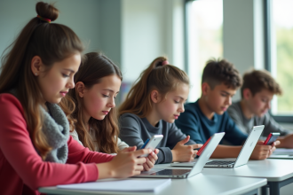 Groupe d'élèves au lycée utilisant tablettes et smartphones