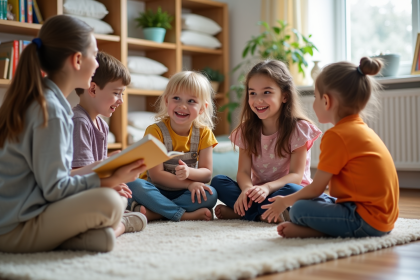 Enfants en activité lecture dans une classe chaleureuse