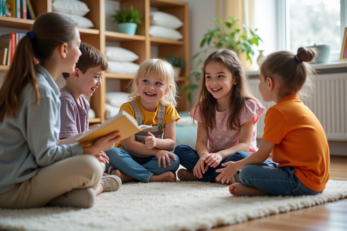 Enfants en activité lecture dans une classe chaleureuse