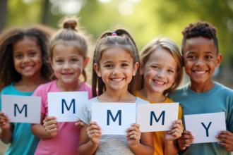 Groupe d'enfants souriants avec noms rares en M en plein air