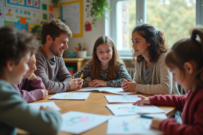 Enfants et parents autour d'une table en classe