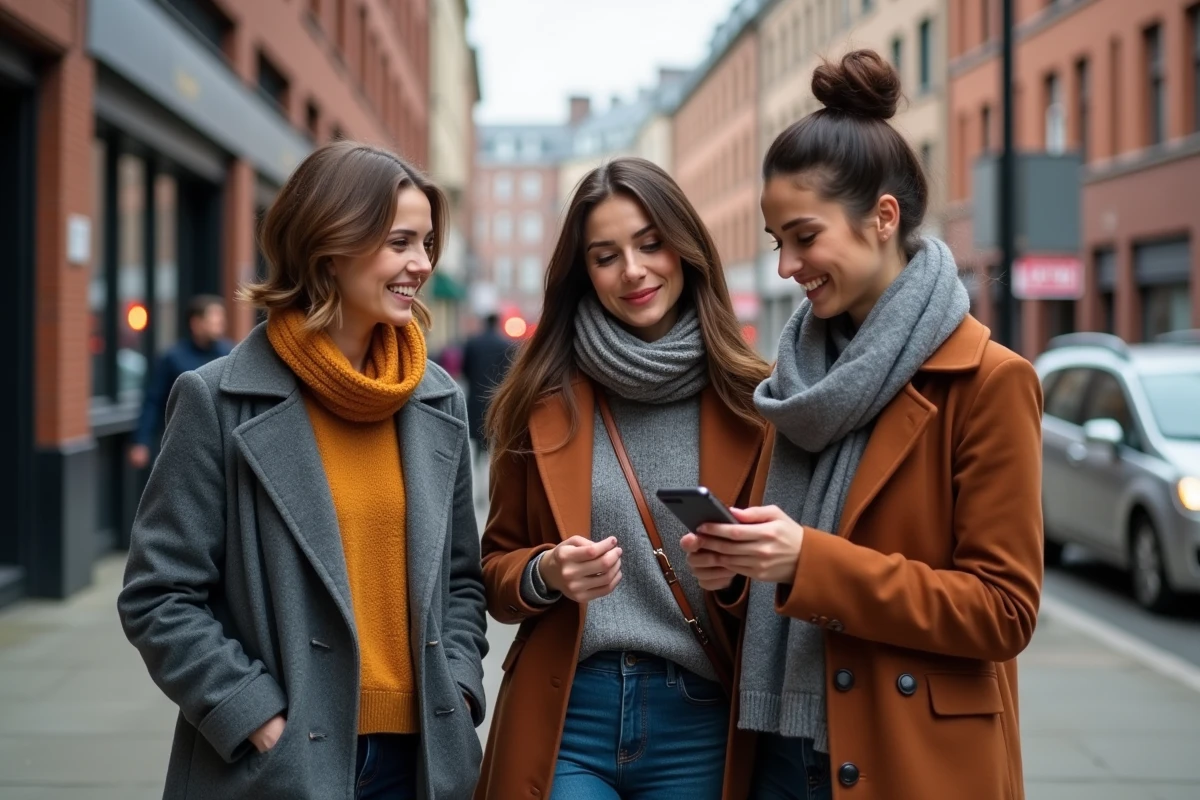Trois femmes discutant dans la rue en automne