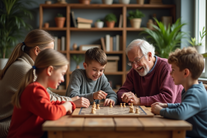 Groupe d'adultes et enfants jouant à un jeu de société dans un salon chaleureux