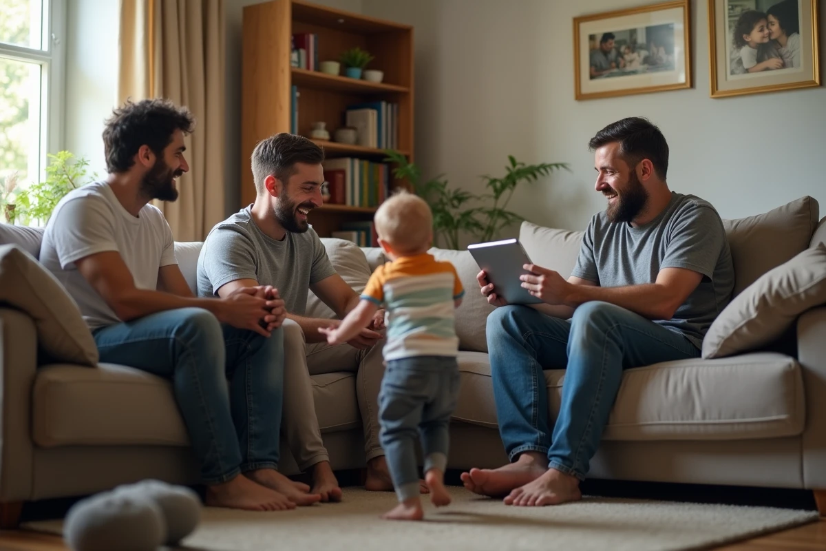 Groupe de pères discutant dans un salon convivial