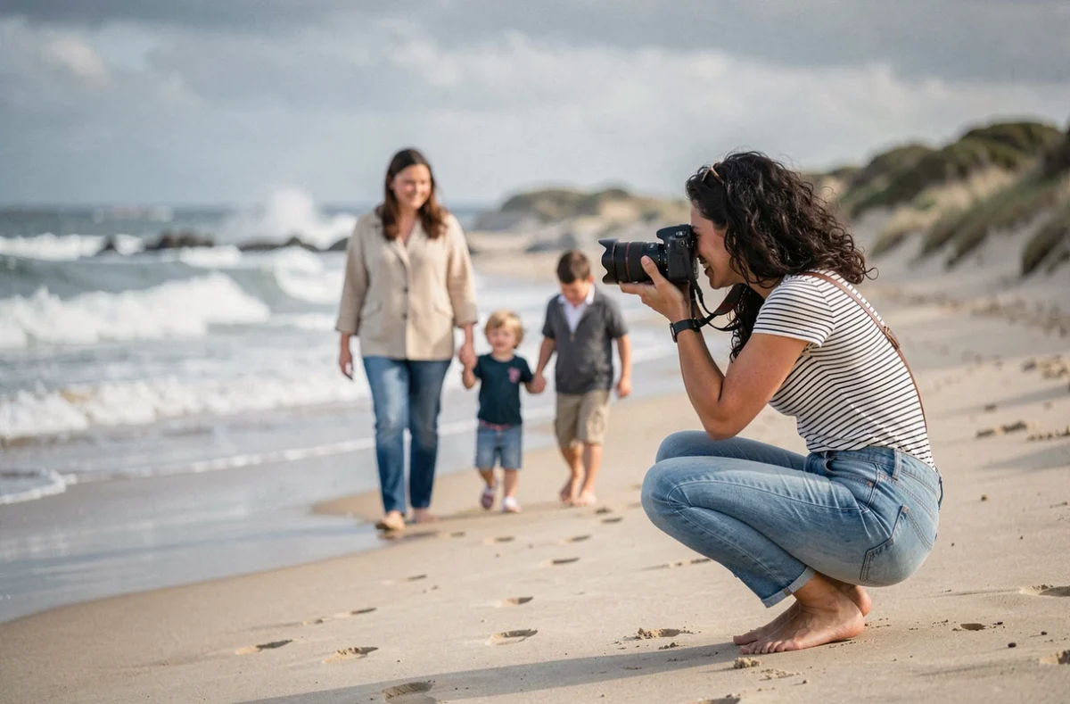 Hélène Lenfant photographiant une famille sur la côte Atlantique près d'Arcachon