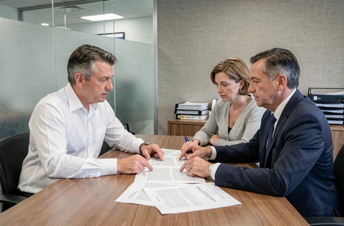 Héritiers et notaire consultant ensemble des documents de succession autour d'une table de réunion