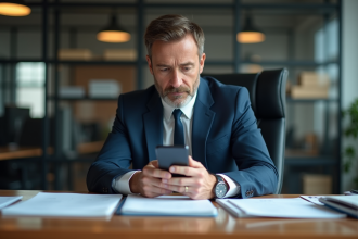 Homme d'affaires en costume vérifiant son téléphone au bureau