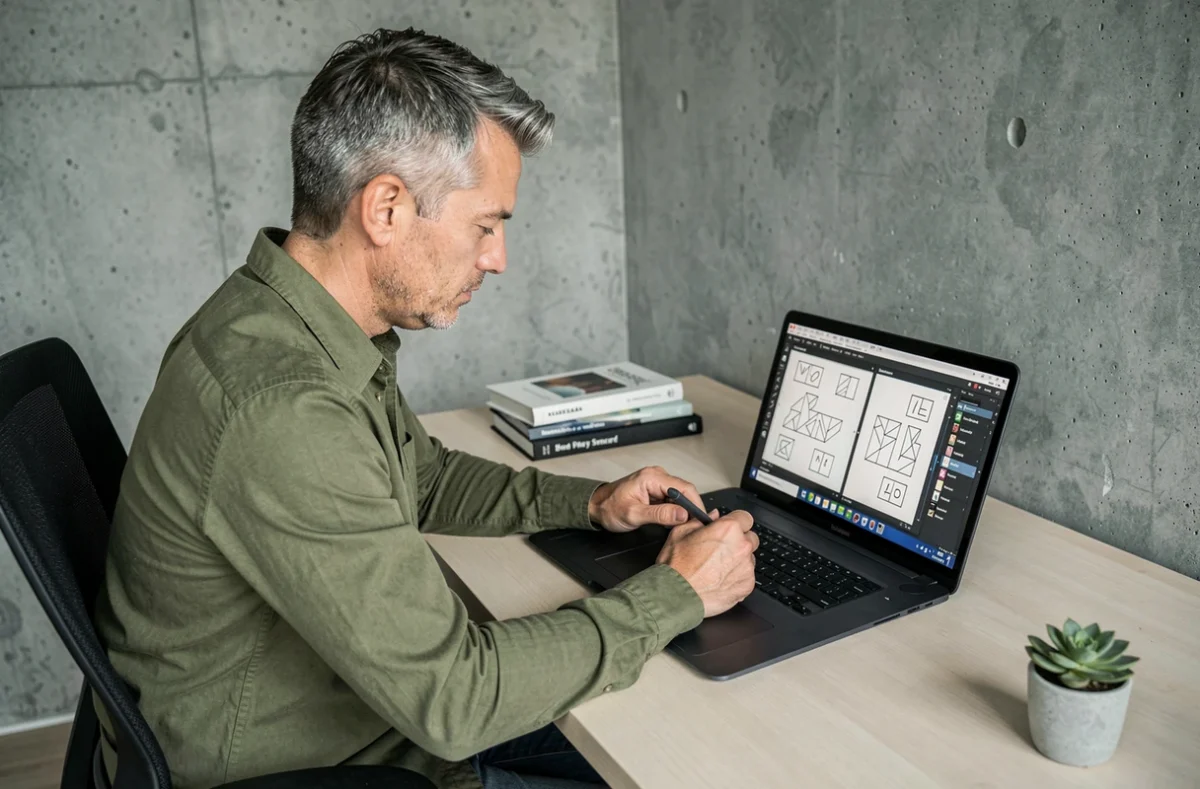 Homme adulte testant des applications alternatives de tangram numérique sur tablette graphique dans un bureau à domicile