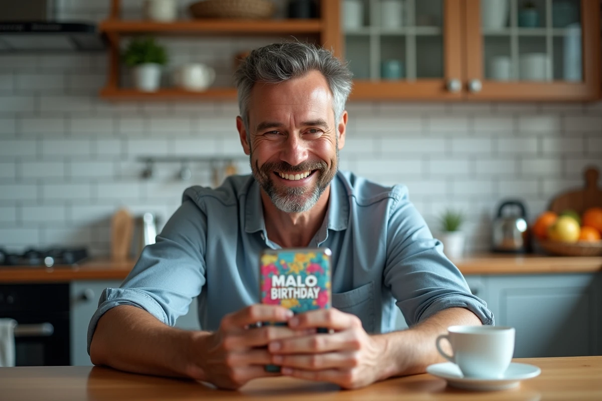 Homme souriant en recevant une carte d'anniversaire animée gratuite sur son smartphone dans sa cuisine