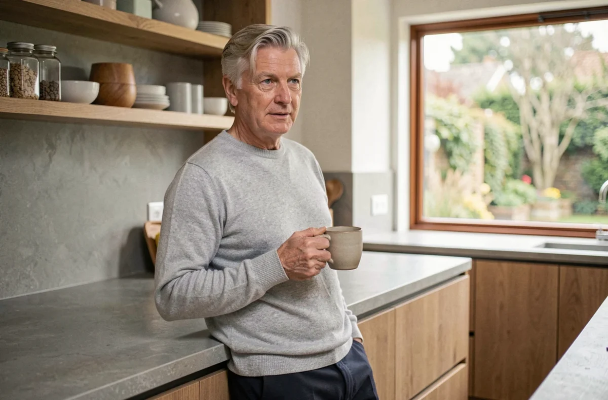 Homme aux cheveux poivre et sel appuyé contre un comptoir de cuisine moderne tenant une tasse de café, regard pensif et sincère