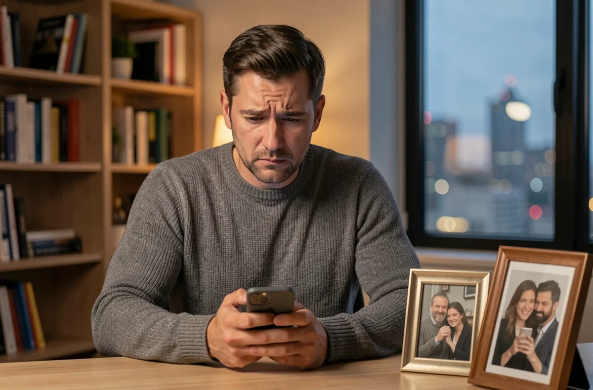 Homme songeur regardant son téléphone dans un bureau, évoquant le dilemme émotionnel d'un homme amoureux de deux femmes
