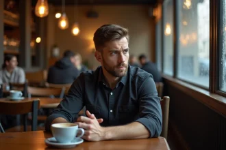 Homme seul dans un café parisien, regard perdu dans ses pensées, illustrant la culpabilité et l'introspection liées à l'infidélité répétée