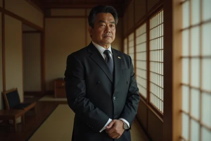 Homme japonais en costume sombre près d'un shoji traditionnel