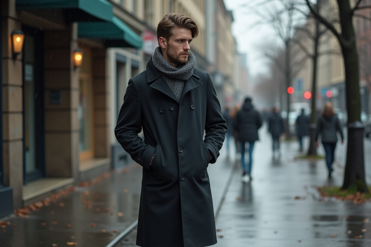 Homme dans la rue sous la pluie en ville