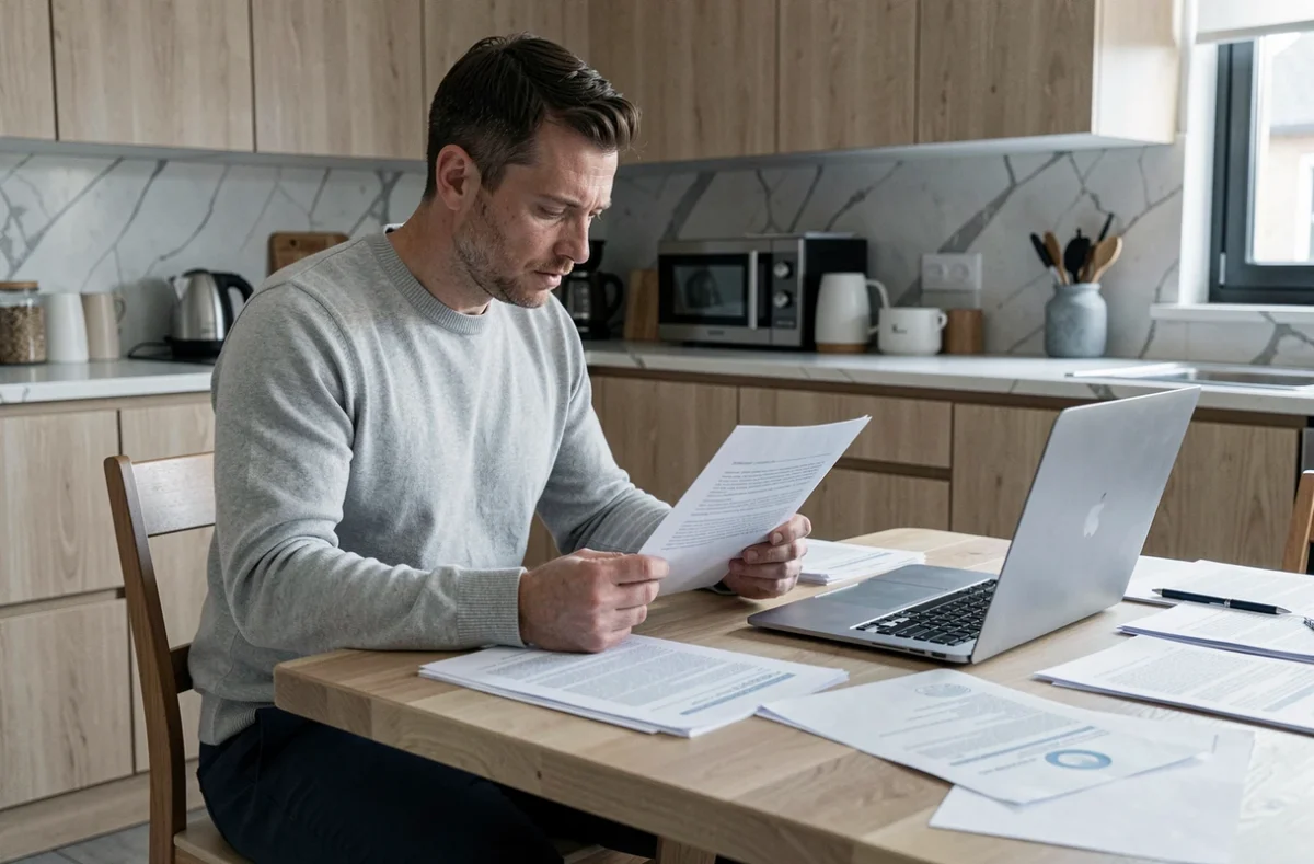 Homme consultant des documents juridiques à la maison pour rédiger une lettre d'urgence au juge aux affaires familiales