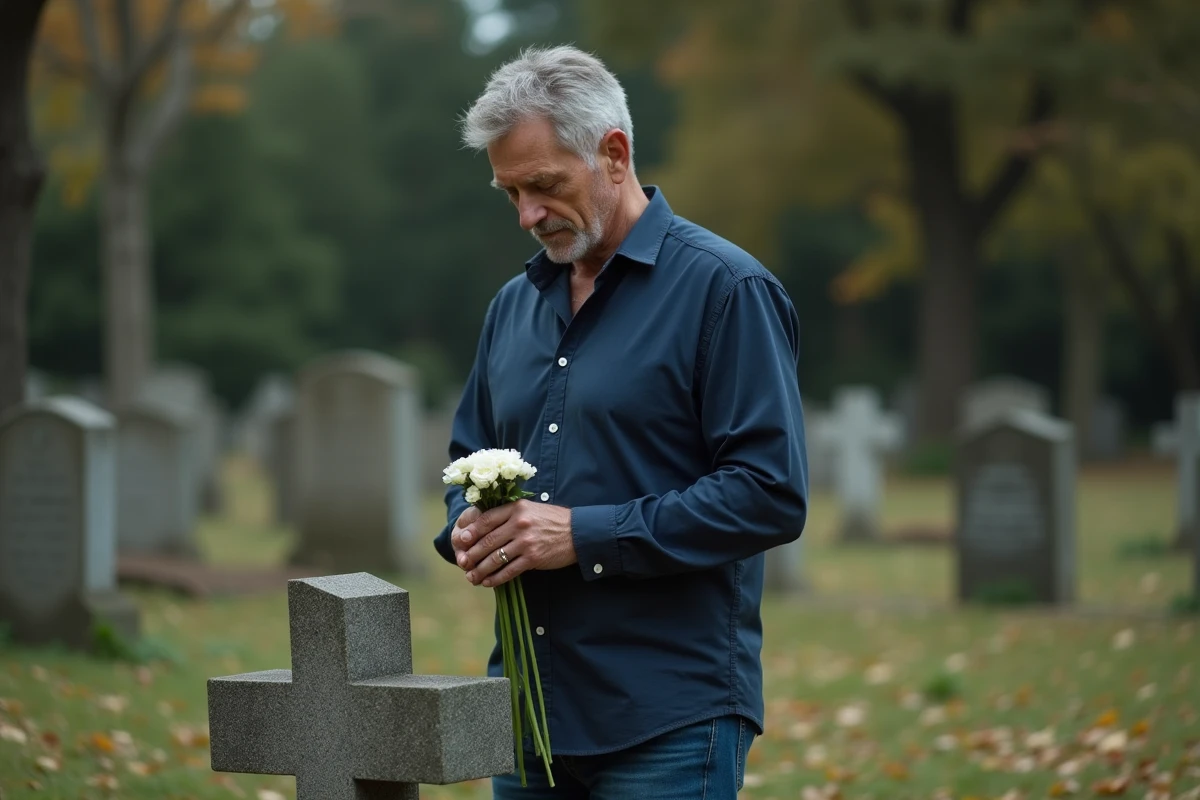 Homme recueilli devant la tombe de son père décédé au cimetière avec des fleurs blanches