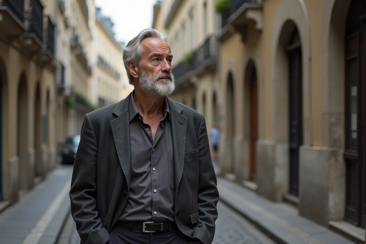Homme pensif devant un bâtiment historique parisien