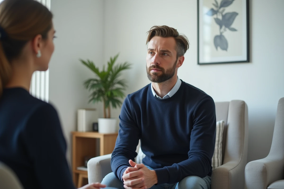 Homme en séance de thérapie individuelle, expression vulnérable et réfléchie, évoquant le processus de prise de conscience autour de l'infidélité répétée et l'espoir de changement