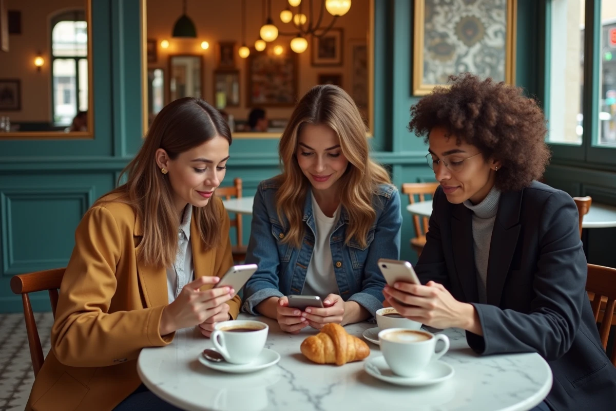 Groupe de personnes consultant leurs smartphones dans un café parisien, illustrant l'engouement des internautes pour les recherches Wikipedia