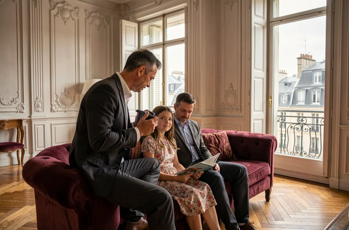 Jean-Raphaël photographiant une famille dans un appartement haussmannien à Bordeaux