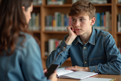 Jeune garçon de 17 ans en bibliothèque avec un conseiller
