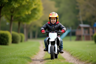 Garçon de 7 ans en casque coloré roulant en vélo électrique