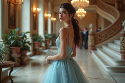 Jeune femme en robe bleue dans un grand hall historique