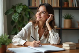 Jeune femme méditerranéenne écrit des noms grecs dans un carnet