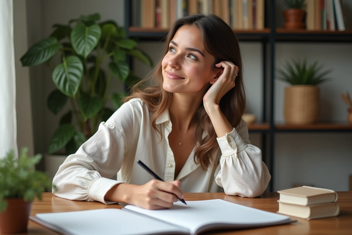 Jeune femme méditerranéenne écrit des noms grecs dans un carnet