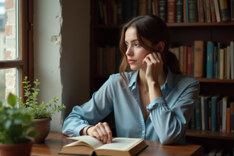 Jeune femme lisant un livre ancien dans une bibliothèque chaleureuse