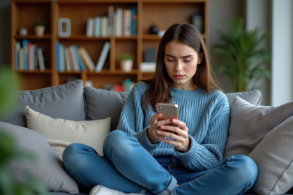 Jeune femme en sweater bleu regarde son téléphone dans un salon
