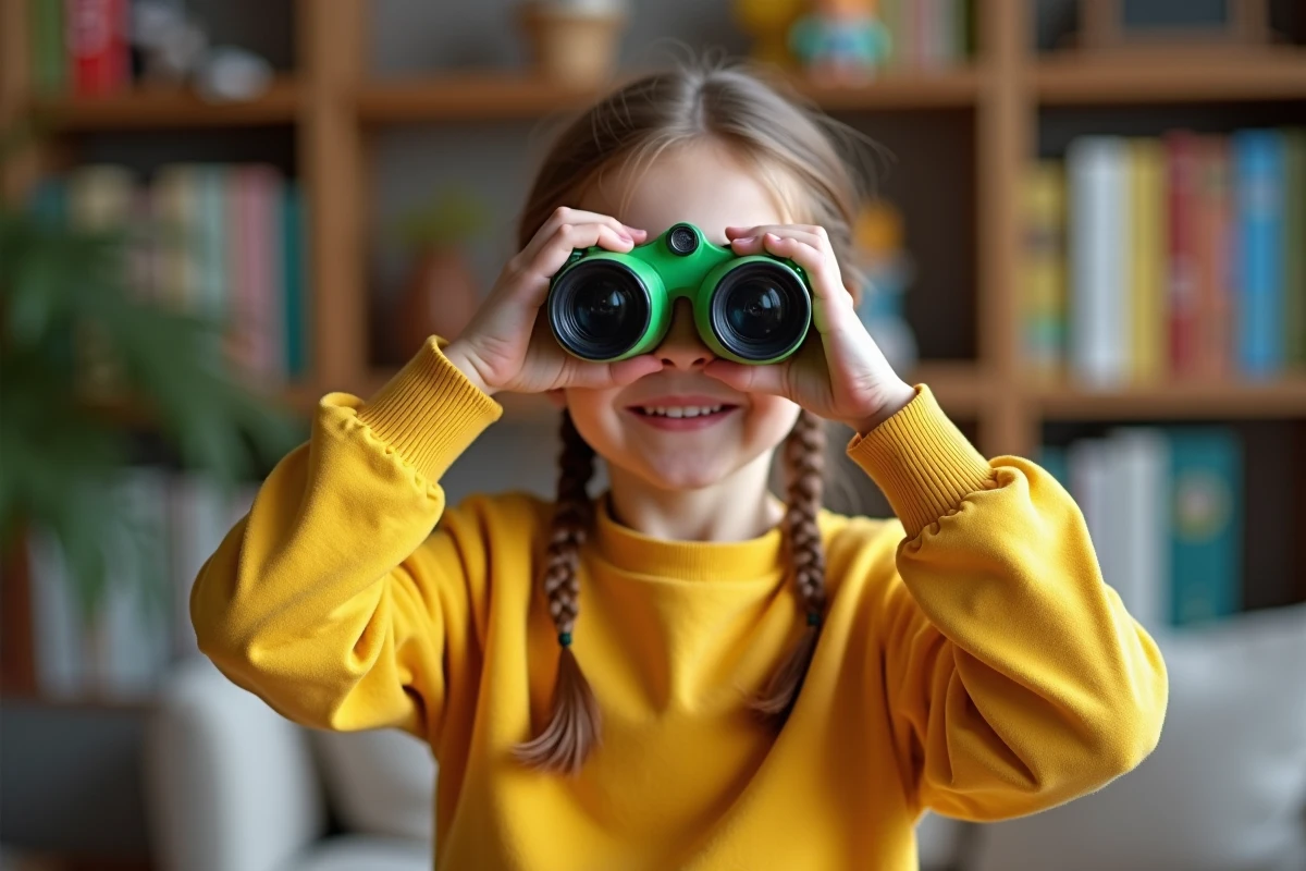Jeune fille de 7 ans regardant par des binoculaires dans une salle chaleureuse