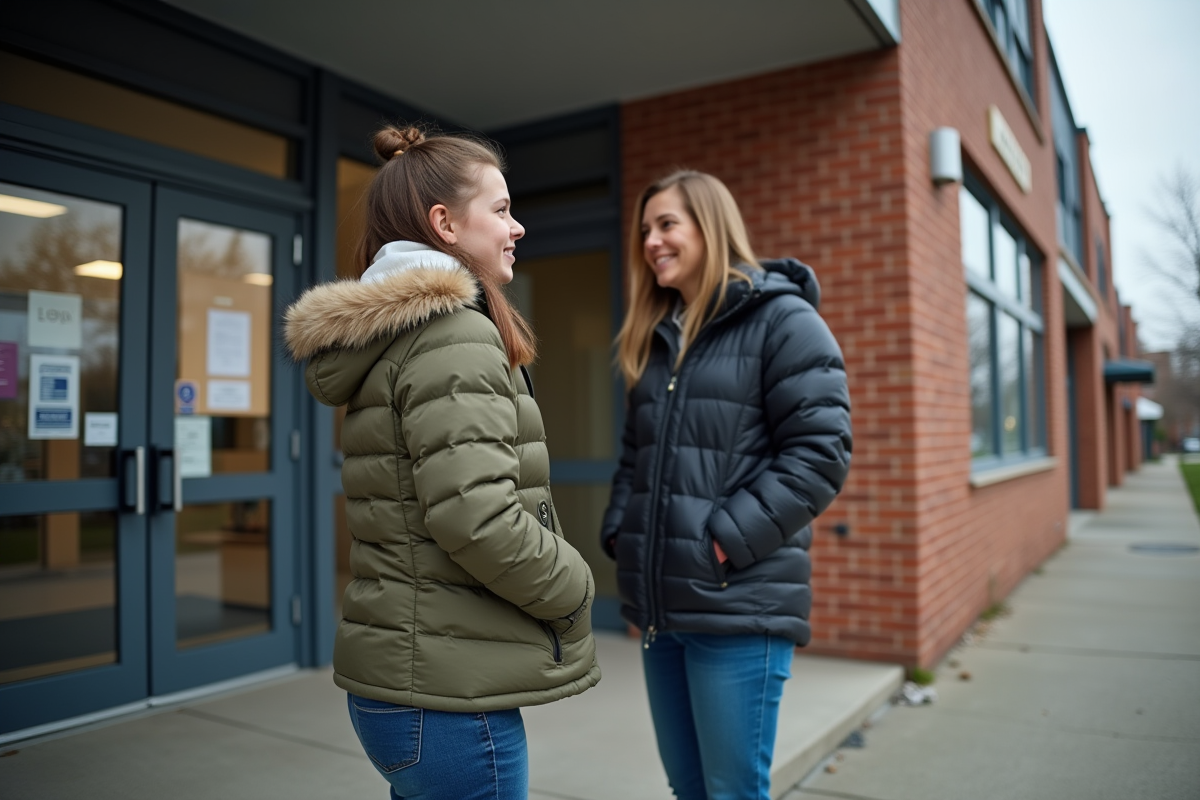 Fille de 17 ans accueillie par un conseiller devant centre jeunesse