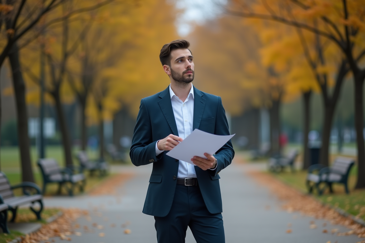 Jeune homme en costume dans un parc en automne