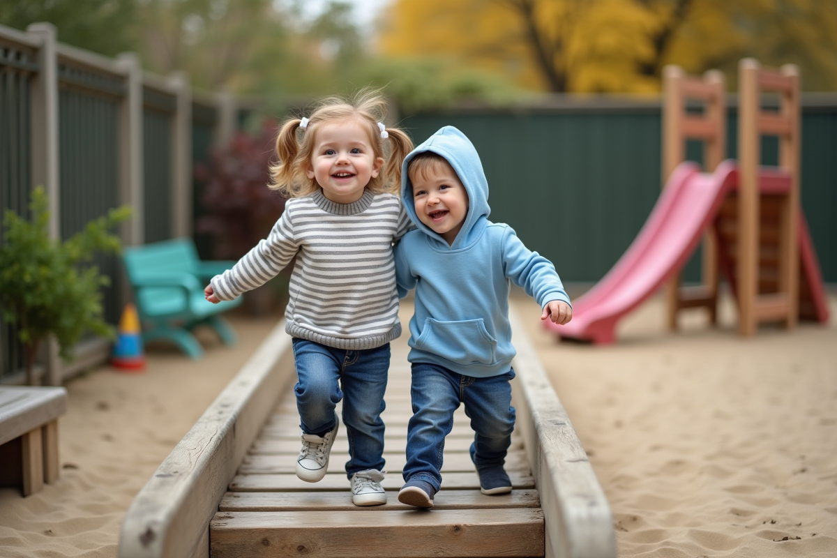 Deux jeunes enfants jouent sur une glissière extérieure